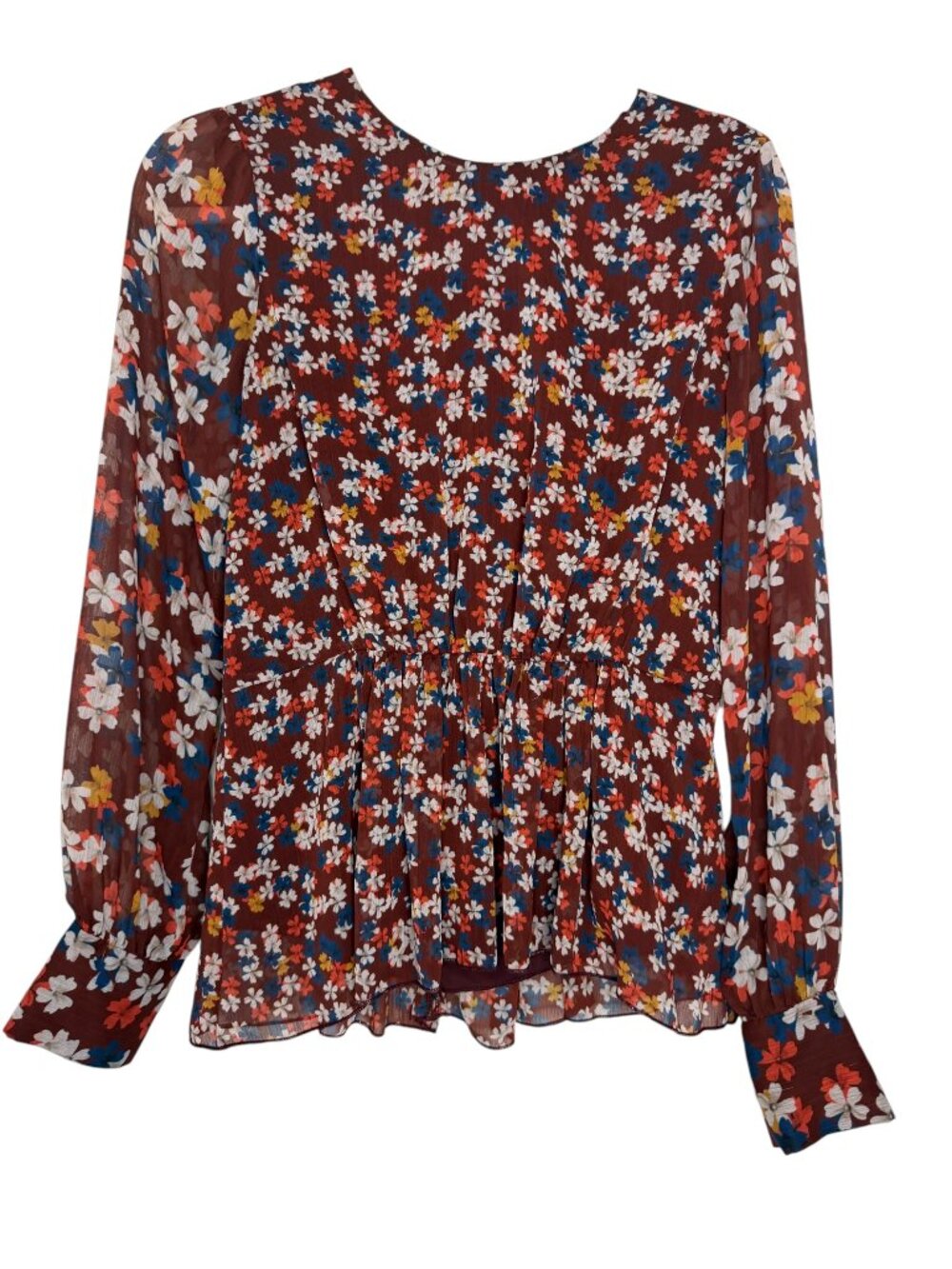 Jason Wu Collective Floral Sheer Peplum Blouse -Boho-- Burgundy– 4- MSRP $350 - Picture 2 of 14